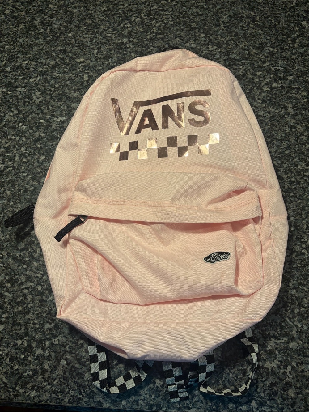 Vans Pale Pink Backpack with Metallic Logo and Checkerboard Straps
